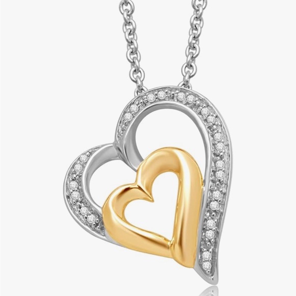 Macy's 14kt Gold and .925 Sterling Silver Heart Pendant .07ct Diamond 18” - Picture 1 of 4